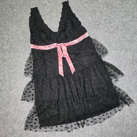 Cacique Other - Cacique Babydoll Lingerie Black Pink Heart Ruffle Tiered Lace 2 PC Set 14/16 NEW
